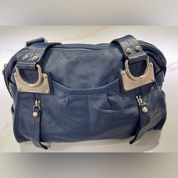 B. MAKOWSKY Large Navy East/West Glove Leather Hobo Leopard Lining Bag A93783 - Picture 5 of 15